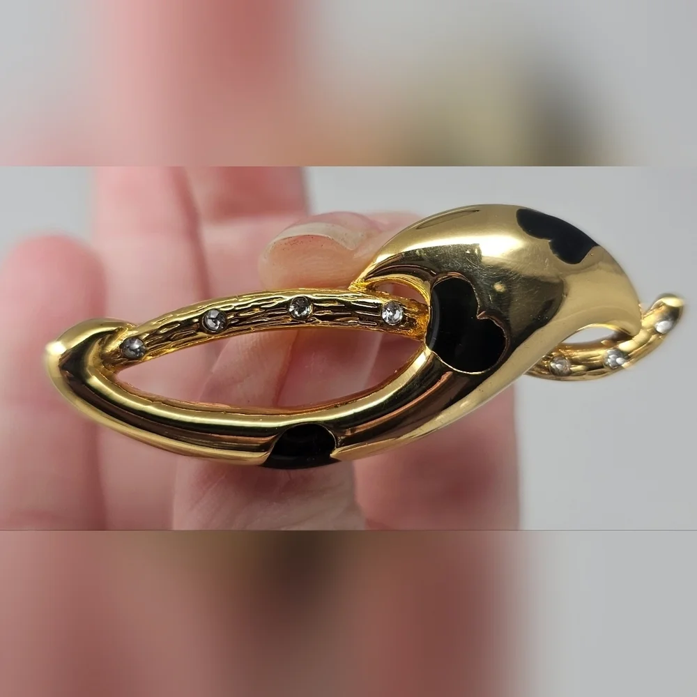 Gold Tone Black Enamel Heart Inlay Brooch With Rhinestones 2-1/4" - Picture 4 of 8